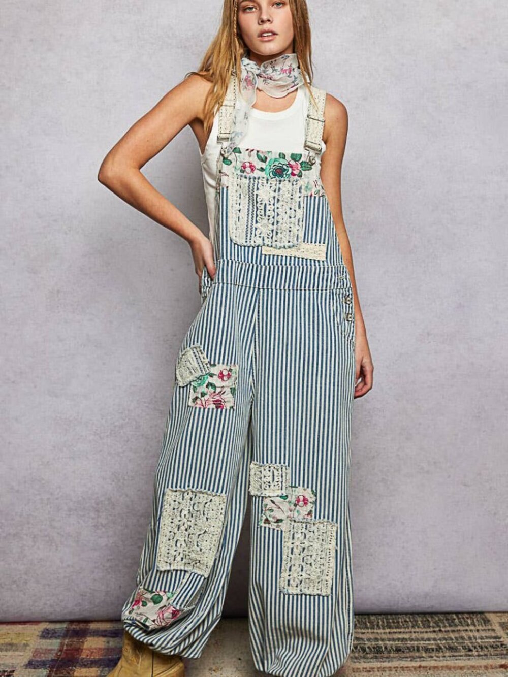 POL Striped Blue & White Floral Patchwork Overalls